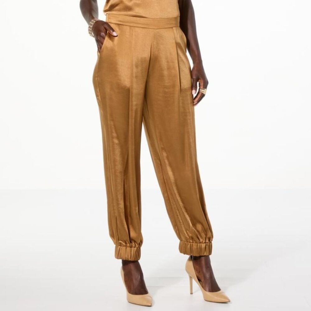 Wynne Layers Satin Pull On Jogger Pants Size 1X Dark Camel Polyester Neutral NEW